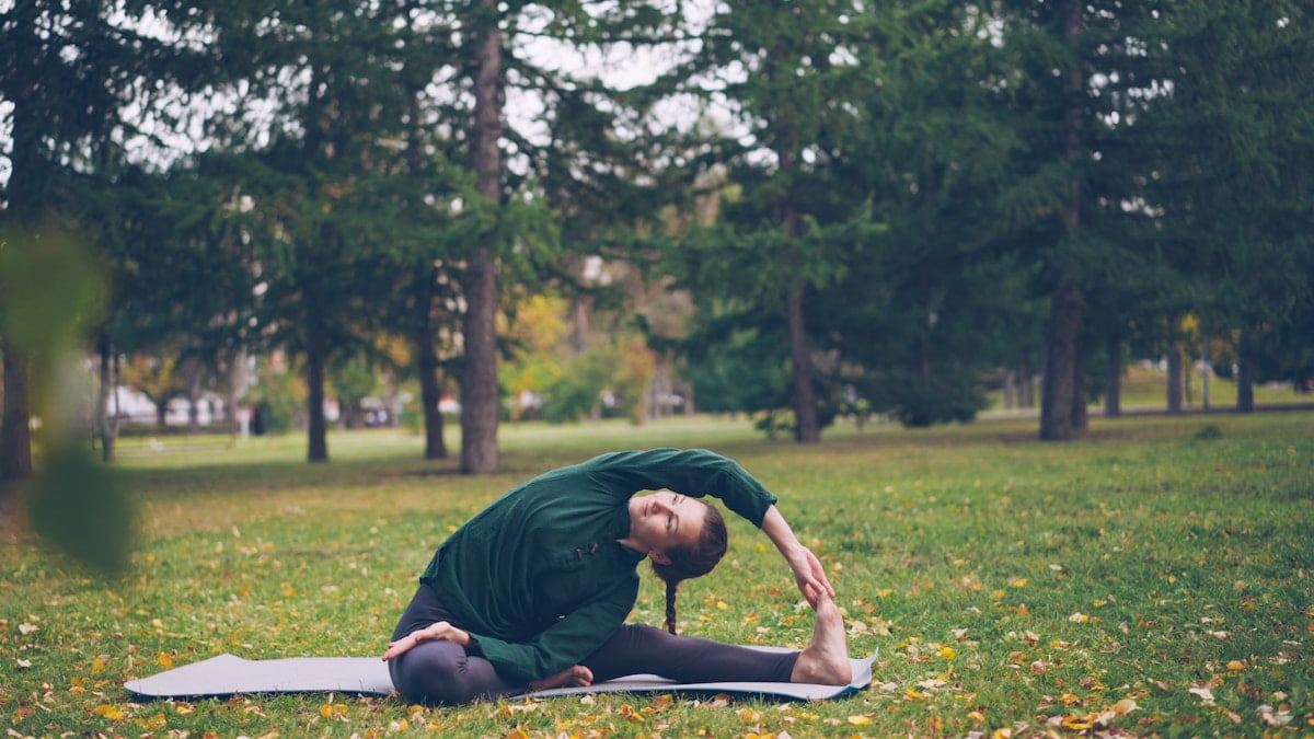 Smiling young woman is exercising in park doing yoga sitting on mat on green and yellow grass enjoying fresh air and healthy activity. Youth, active lifestyle and recreation concept.